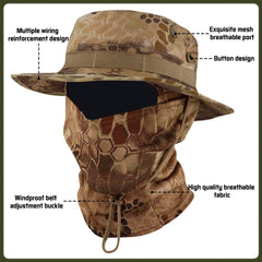 Besforta camo hat with adjustable belt and drawstring for a secure fit in windy conditions.