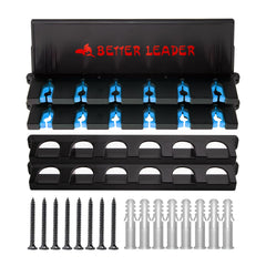 Better Leader wall-mount rod rack installation shown in a garage setup.