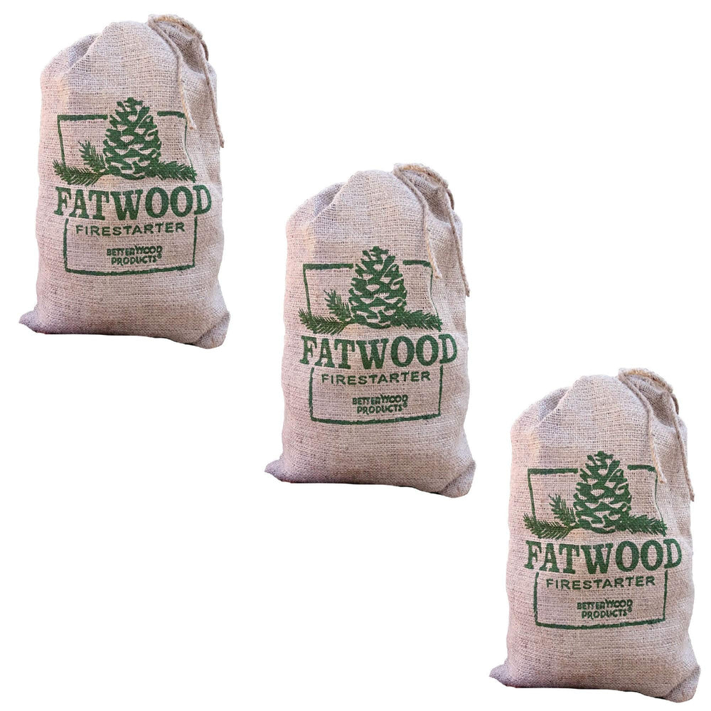 Better Wood Fatwood firestarter burlap bag front view for easy ignition.