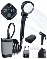 Beviliu portable shower kit contents enable quick outdoor campsite setup.