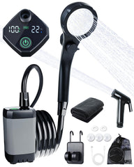 Beviliu portable shower kit contents enable quick outdoor campsite setup.