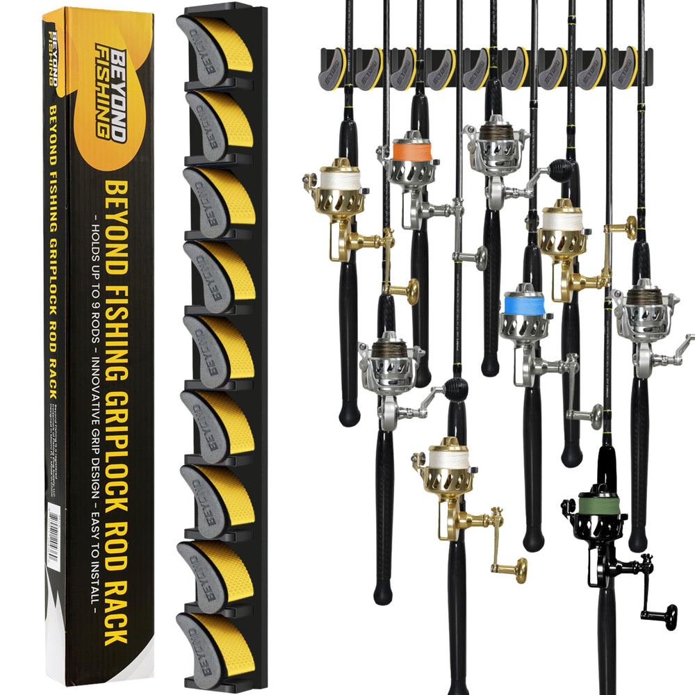 GripLock vertical fishing rod rack mounted on a garage wall holding nine rods