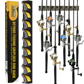 GripLock vertical fishing rod rack mounted on a garage wall holding nine rods