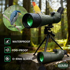 Bibire spotting scope weatherproof and fogproof for rain, snow, and humidity.