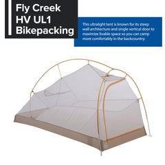 Fly Creek Bikepack tent vestibule ready for gear storage and weather protection.