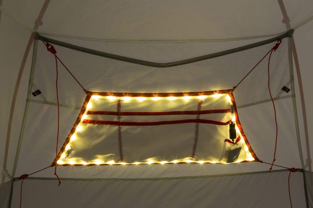 Big Agnes MTNGLO Gear Loft Wall mounted in tent with accessible storage and soft lighting