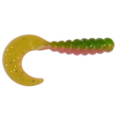 Big Bite Baits Fat Grub Firetiger side view, lifelike profile entices panfish.