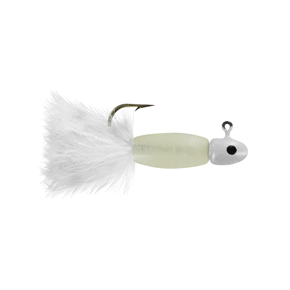 Big Bite Baits Lindner panfish jig with glow pearl tail for easy, enticing bites