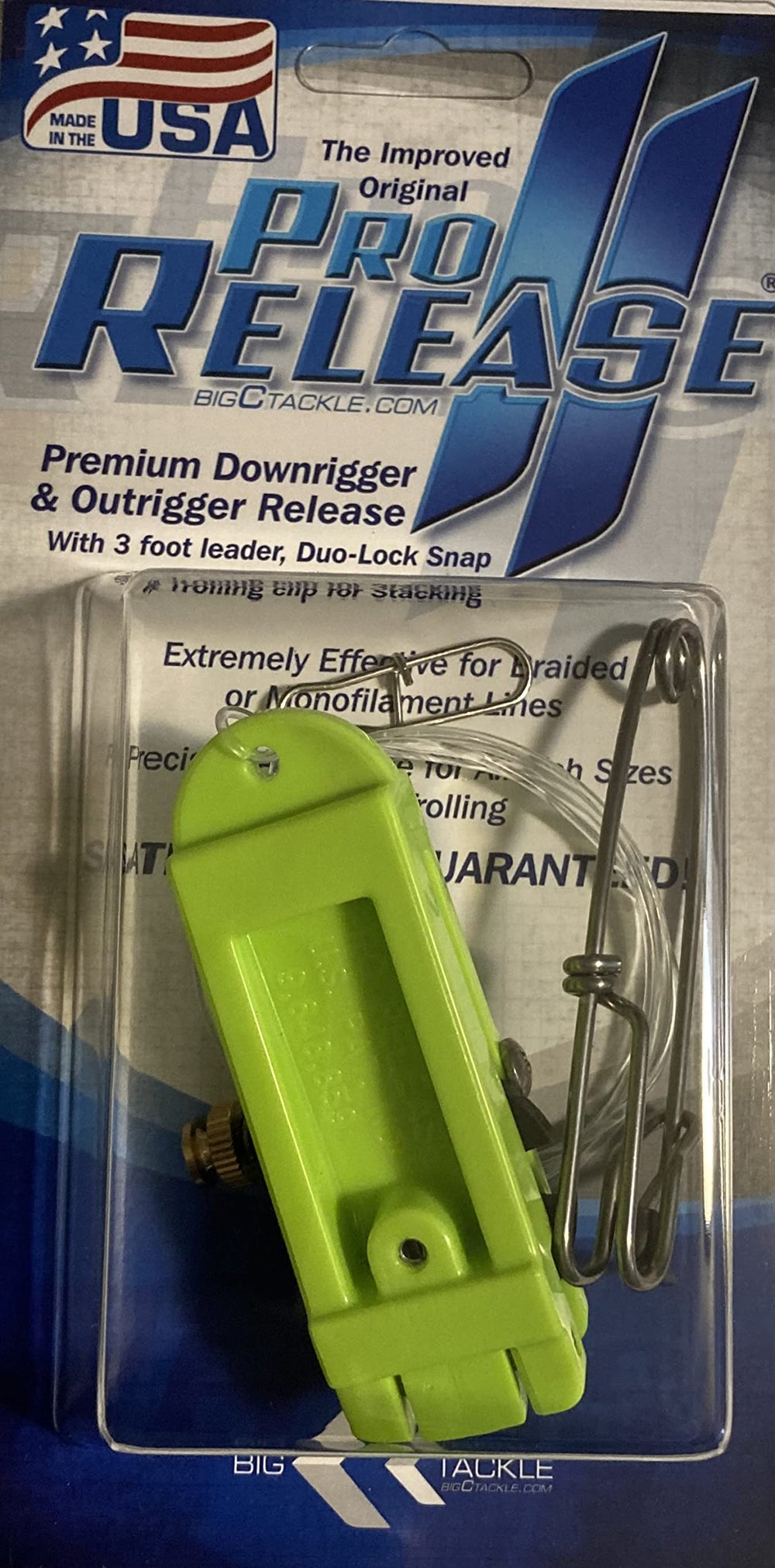 Big C Tackle Pro Release II chartreuse downrigger clip for visibility and reliable releases