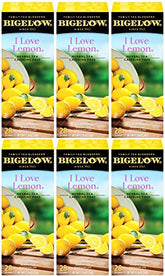 Bigelow I Love Lemon tea boxes front, caffeine-free citrus aroma.