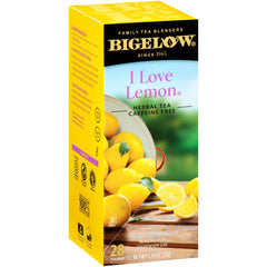 Bigelow I Love Lemon tea six-pack boxes on a shelf for convenient use.