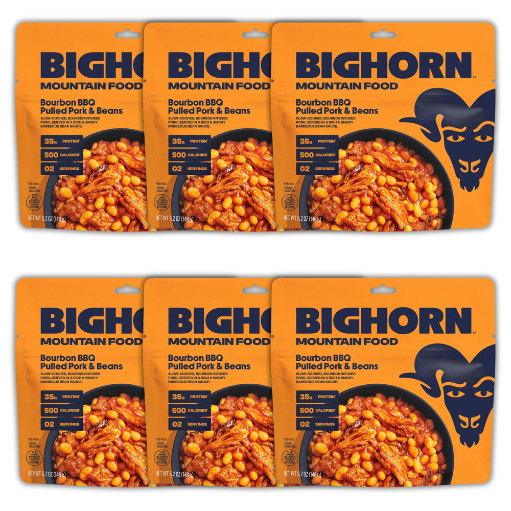 BIGHORN Mountain Food Bourbon BBQ Pulled Pork and Beans pouch for easy trail meals.
