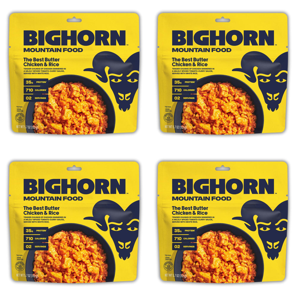 BIGHORN Mountain Food butter chicken rice box shows easy backcountry meals for hikers