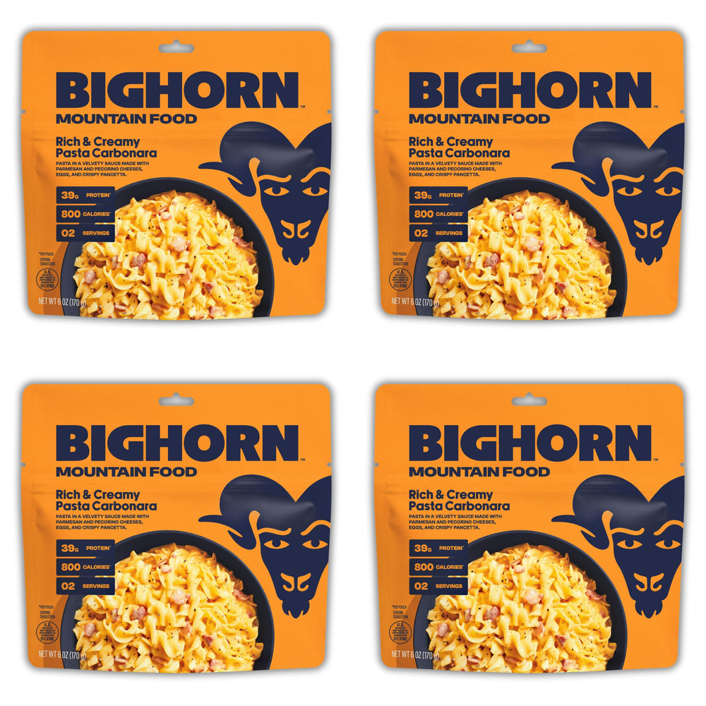 BIGHORN Mountain Food rich creamy pasta carbonara packaging shows convenient camping meal