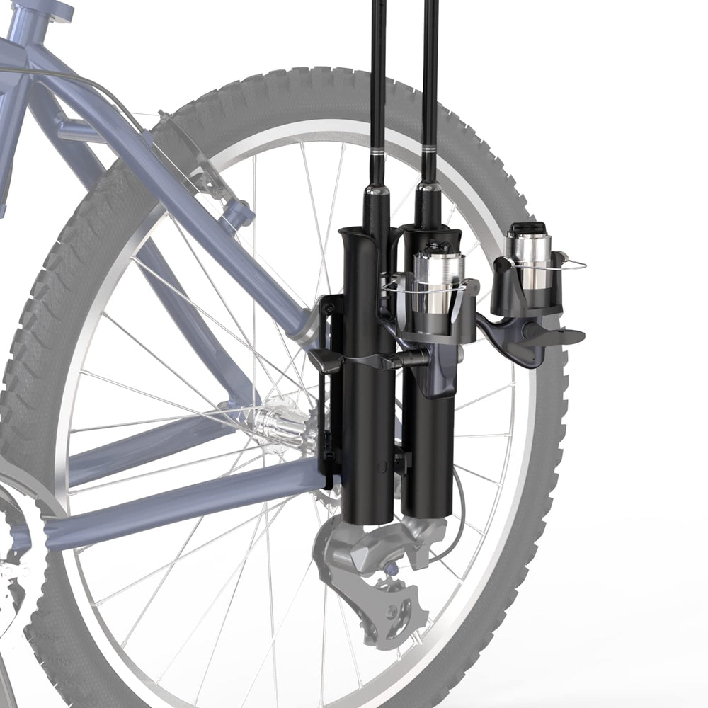 Fishing rod holder attached to bicycle back fork holding two rods