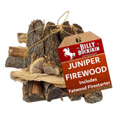 Billy Buckskin Home & Beauty juniper firewood bundle shows aromatic logs for cozy outdoor fires.