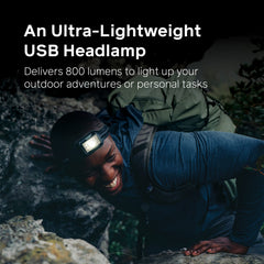 BioLite HeadLamp 800 Pro worn on head demonstrates secure 3D SlimFit comfort
