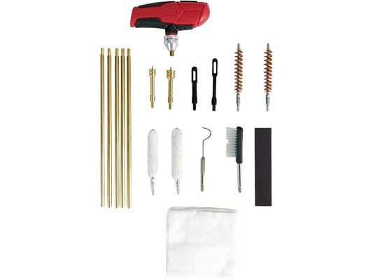 Contents of the Birchwood Casey cleaning kit: handle, brass rods, bore brushes, tips, jags, patches, pick and nylon brush.