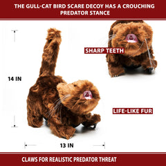 BirdBusters brown cat decoy on patio reduces bird visits