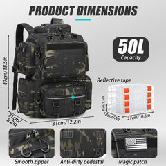 BISKLNDN tactical fishing backpack main compartment open view showing 50L capacity for organized gear.