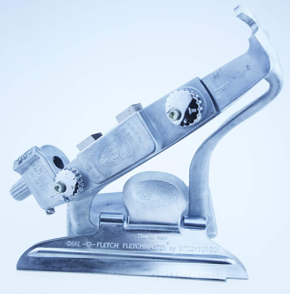Bitzenburger fletching jig and clamp demonstrate precise feather placement for straight or offset fletching