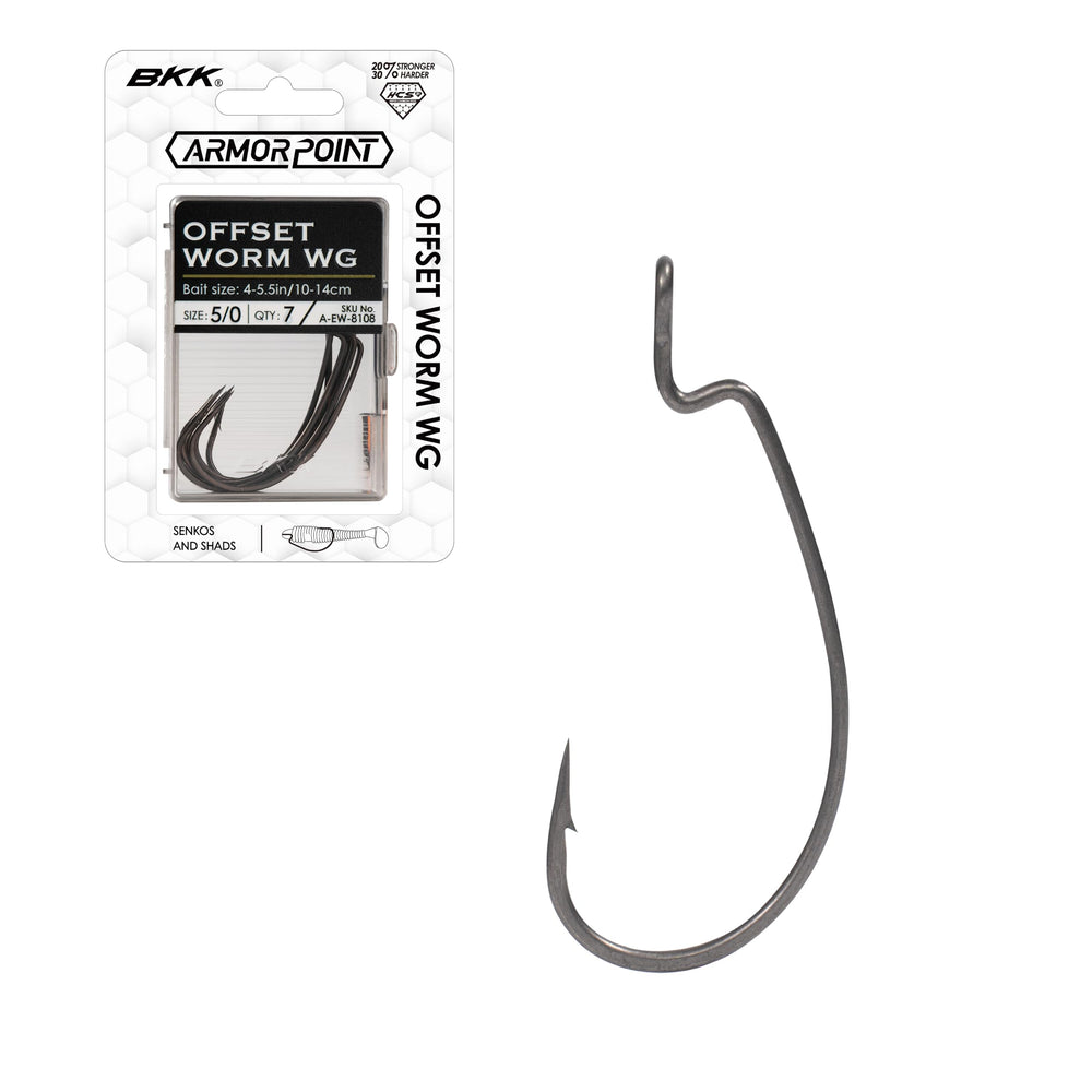 BKK Offset Worm WG-1 hook assembly highlights durable HCS wire for longevity.