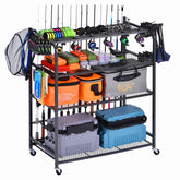 Bknius 4-tier fishing rod holder in black metal with wheels