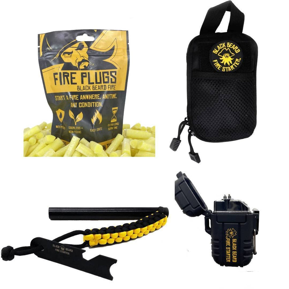 Black Beard Fire Plug Kit with waterproof plugs, ready for rugged camping.