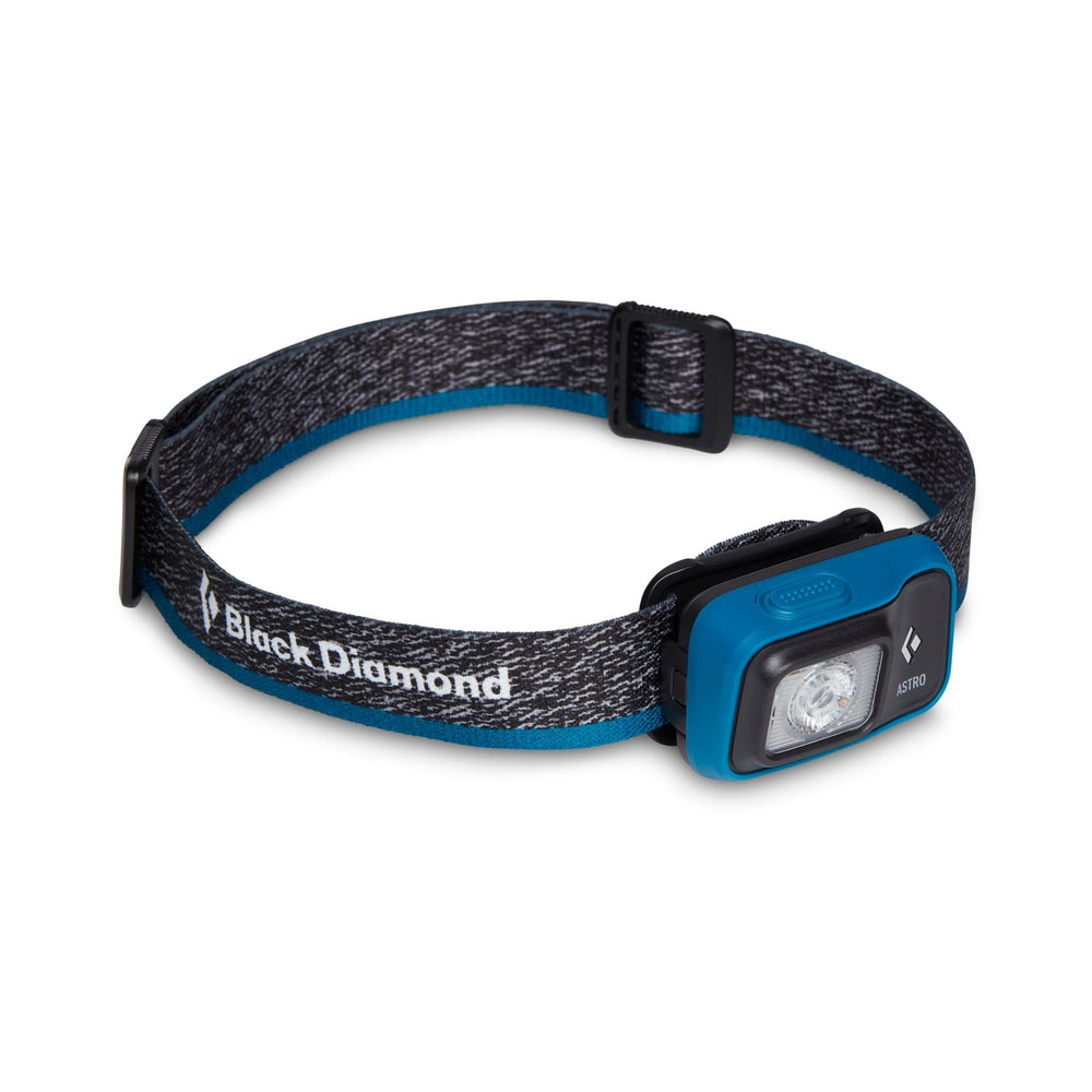 Black Diamond Astro 300 headlamp front view in blue, compact and ready for hands-free lighting.