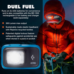 Black Diamond Astro 300 headlamp side view displaying ergonomic, lightweight profile in blue.