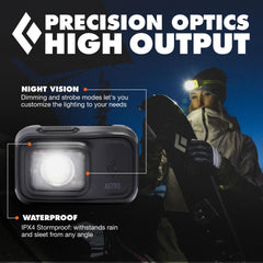BLACK DIAMOND Astro 300 headlamp worn on forehead for hands-free outdoor exploration