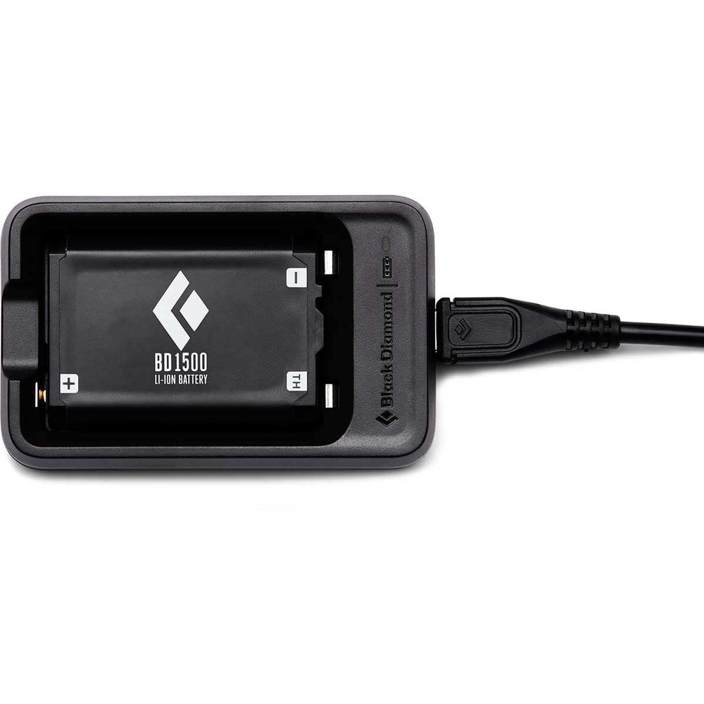 BLACK DIAMOND BD 1500 battery with micro-USB charger, quick recharge for reliable headlamp power.