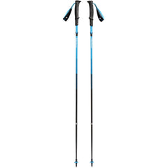 Black Diamond Distance Carbon Z trekking poles in desert sky extended for rugged mountain trails.
