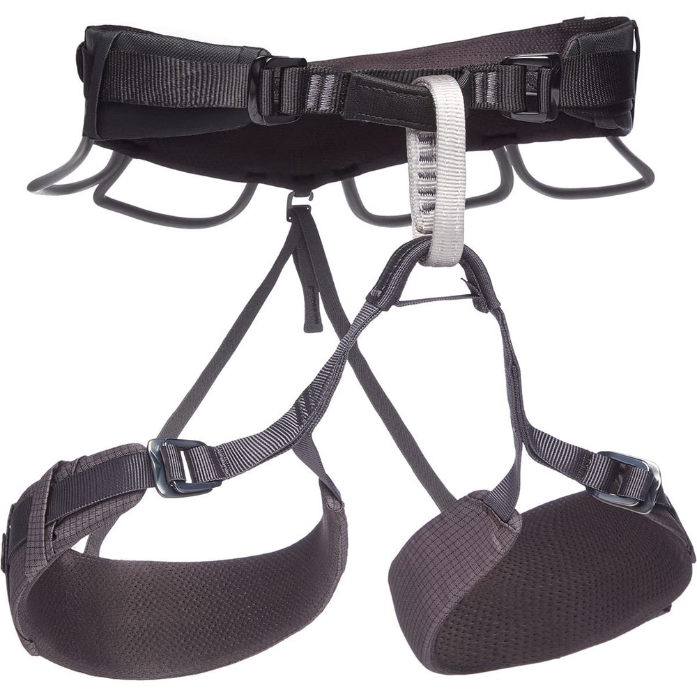 Black Diamond Momentum 4S harness front view with adjustable buckles for a secure, versatile fit