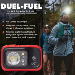 Black Diamond Spot 400 headlamp beam on demonstrates bright 400 lumens for night hiking.