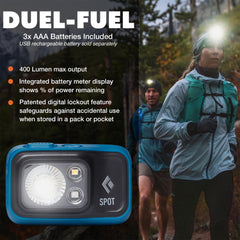 BLACK DIAMOND Spot 400 headlamp worn on the head for hands-free trail lighting during night runs