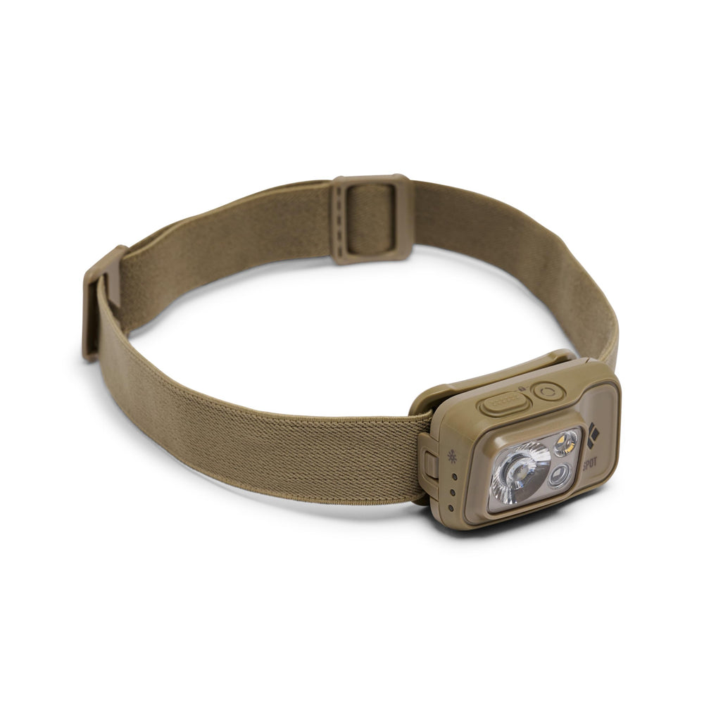 BLACK DIAMOND Storm 450 headlamp angled-front provides bright night visibility for hikes and runs.