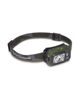 Black Diamond Storm 450 headlamp front view glowing for hands-free visibility