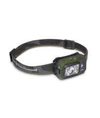 Black Diamond Storm 450 headlamp front view glowing for hands-free visibility
