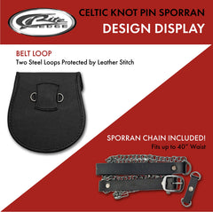Stainless steel pin closure on black leather sporran