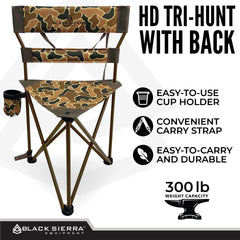 Black Sierra Equipment XL tripod hunting stool carry shoulder strap enables hands-free carry.
