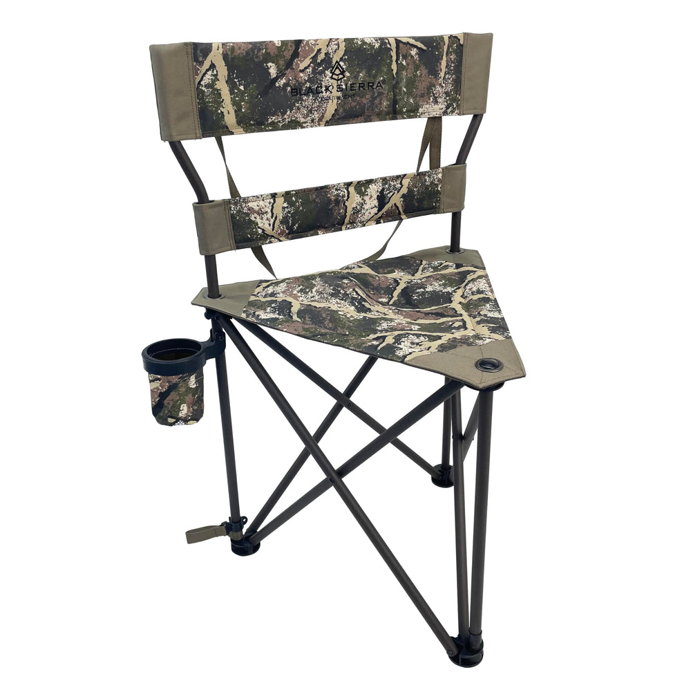 Black Sierra XL Tripod Stool folded for compact transport during camping or travel.