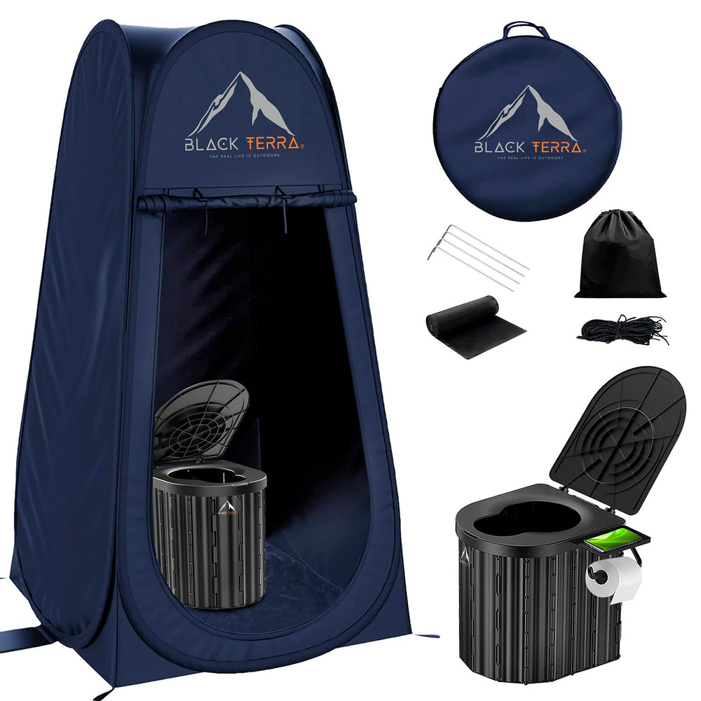Black Terra portable toilet adults setup shows quick assembly for outdoor trips