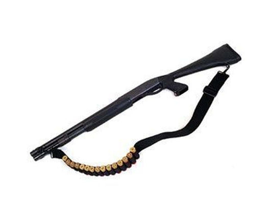 Product image of Blackhawk Black Shotgun Sling showing adjustable two-point design and 15-shell capacity