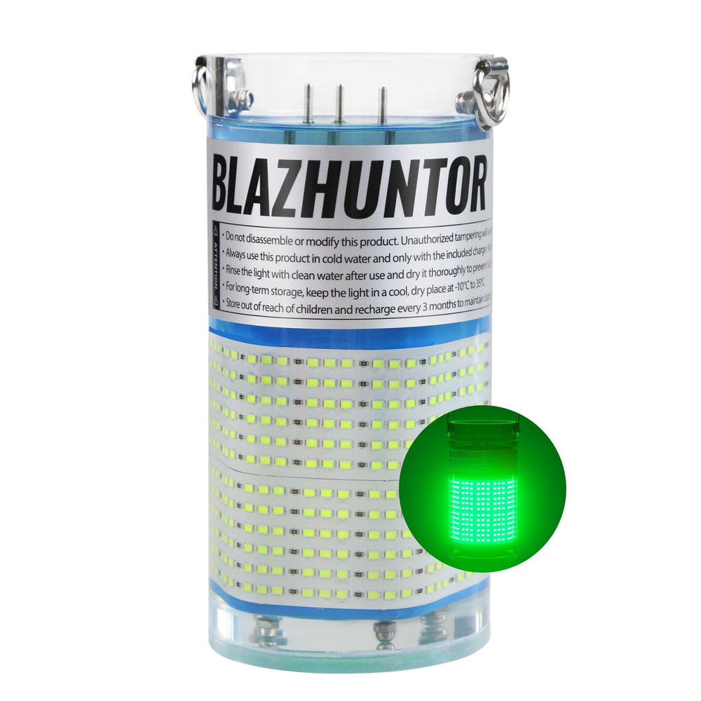BLAZHUNTOR green underwater light on a dock, enhancing night fishing lure visibility