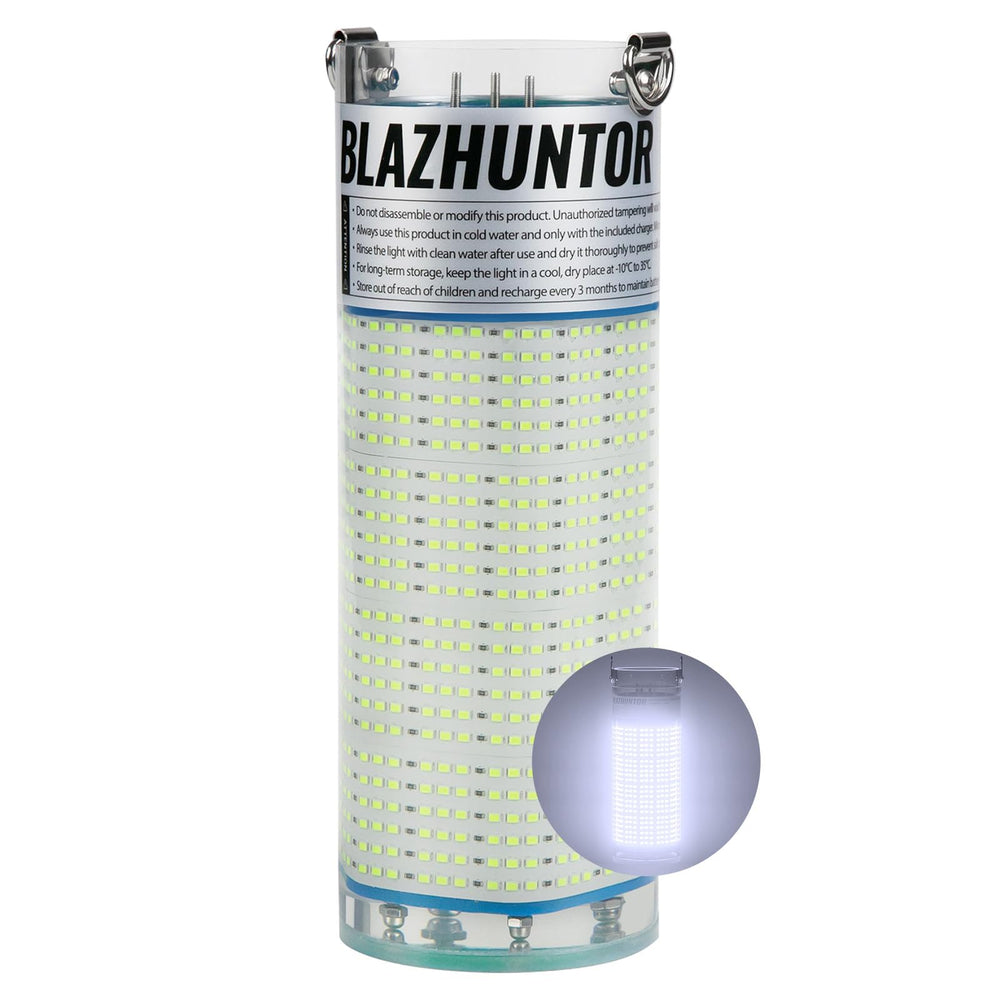 Blazhuntor rechargeable underwater light in water illuminates night fishing zones.