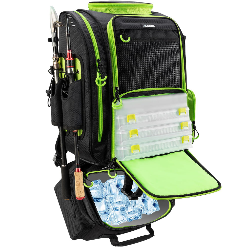 BLISSWILL large fishing backpack front view shows insulated cooler pocket for fresh catches