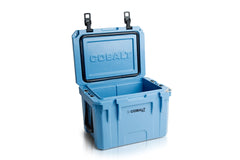 Blue Coolers Cobalt 25qt lid open demonstrates easy-close latches for quick access.