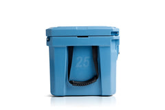 Blue Coolers Cobalt 25qt side view highlights compact carry and lightweight design.