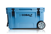 Blue Coolers Cobalt 55QT front view shows rugged roto-molded durability for outdoor use.